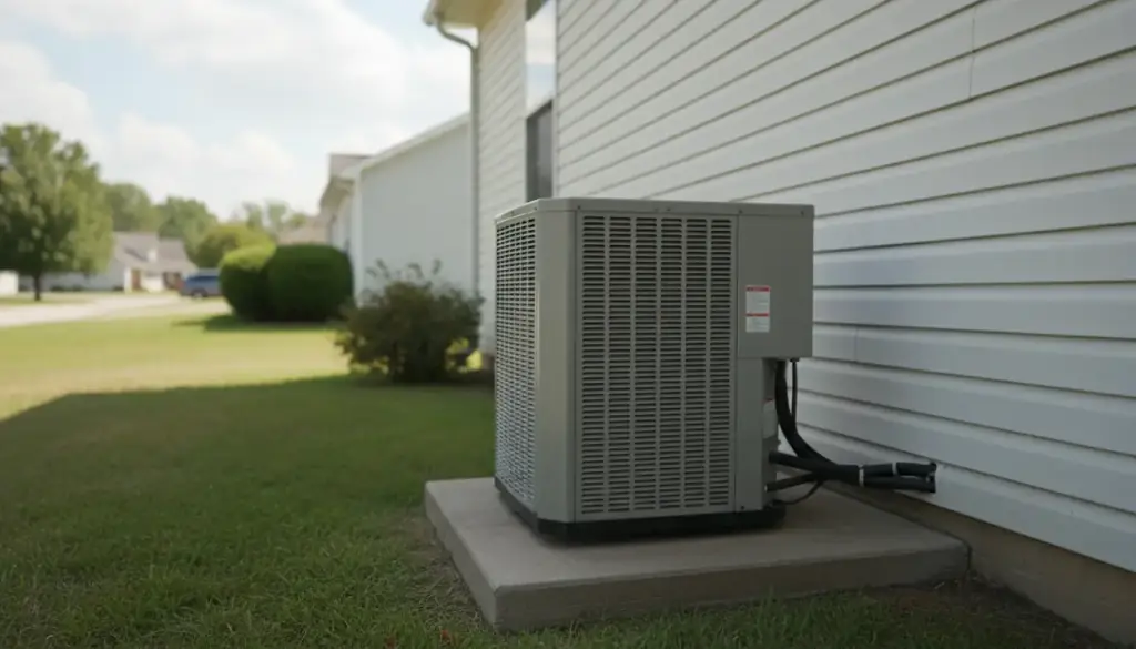 Residential outdoor condenser on a pad beside white siding, summer lawn