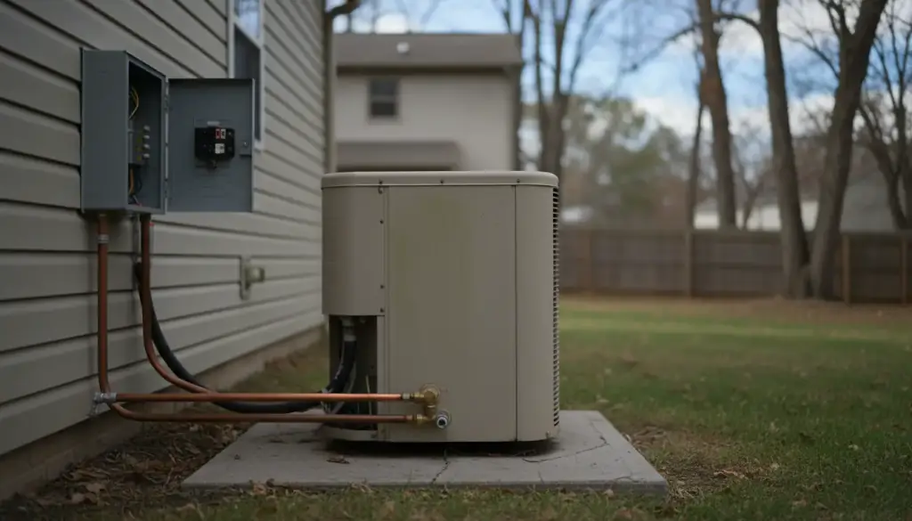 Residential outdoor condenser on a concrete pad beside siding, copper line set and electrical disconnect mounted on the wall