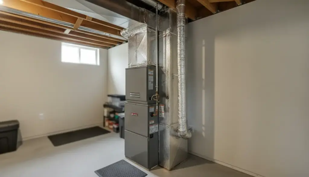 Gas furnace and air handler in a residential basement with insulated supply ductwork overhead